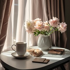 a table with a vase of pink flowers with a cup and laptop Generative Ai