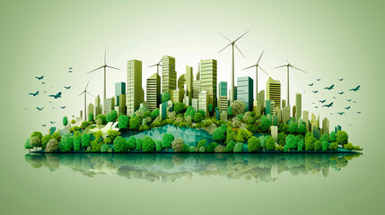 Green leaf image in the paper art style with trees, city building silhouettes, windmills, and solar panels. the conservation of ecology. Generative AI