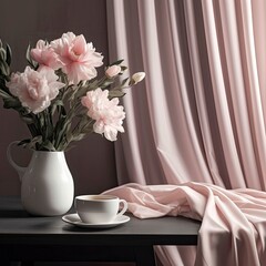 a table with a vase of pink flowers with a cup and laptop Generative Ai