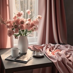 a table with a vase of pink flowers with a cup and laptop Generative Ai