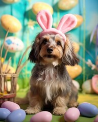 The Yorkshire Terrier is wearing cute pastel Easter bunny ears. (Generative AI)