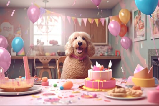 AI-generated image featuring a dog at pastel-colored birthday party studio. (Generative AI)