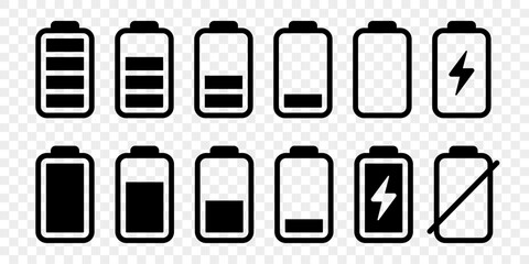 Battery icons set. High quality black style vector icons. Baterry charge indicator. Batery level, energy, full. Power low up status batteries logo. - obrazy, fototapety, plakaty