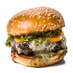moldy unhealty spoiled burger, isolated background. Generative Ai - obrazy, fototapety, plakaty