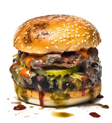 moldy unhealty spoiled burger, isolated background. Generative Ai - obrazy, fototapety, plakaty