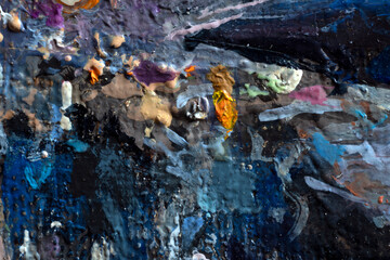 Macro. Abstract art. Expressive embossed pasty oil paints and reliefs. Colores: white,ocher, grey, blue, black, yellow