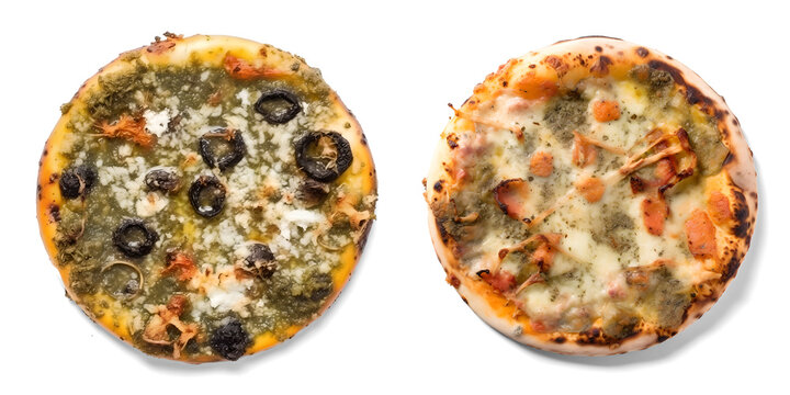 Rotten moldy pizza, isolated background. Generative Ai