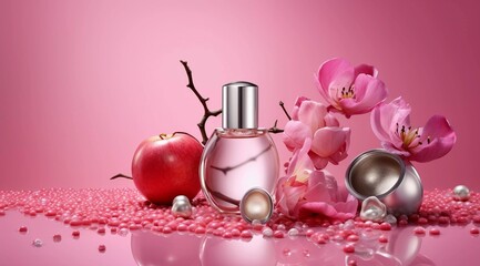 Beauty product, skincare and makeup product, apple pink flower cosmetic picture, AI generated