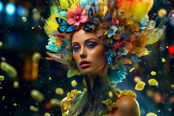 Obraz na płótnie Canvas portrait of a woman with flowers, glam, glamour, make-up