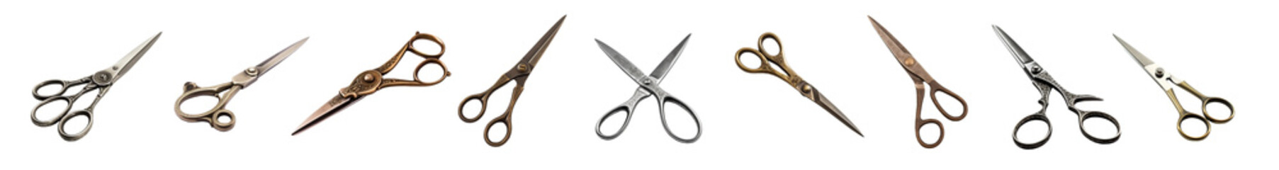 Set of scissors, antique scissors, different scissors, isolated on transparent background, png.