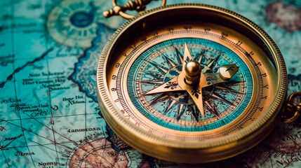 Fototapeta na wymiar Old Antique Compass on a Paper Map Blue Gold background wallpaper, Goals Objectives Purpose Why, True North, Organizational Alignment. Generative AI