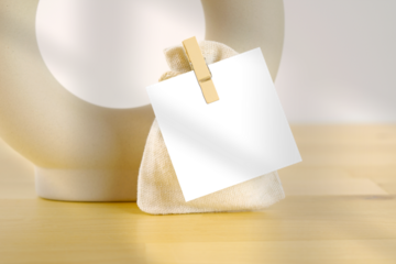 Square favor gift tag, thank you card, mockup.  Minimalist Scandi Boho style blank card mockup, with nordic vases, placed behind on-trend shadows.