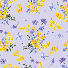 Fototapeta na wymiar Watercolor seamless pattern with delicate spring flowers, isolated on colored background