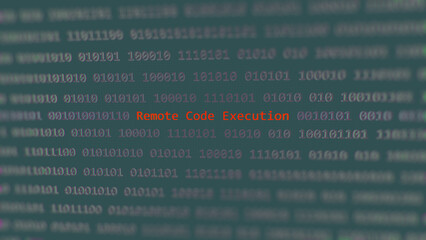 Cyber attack remote code execution vulnerability in text binary system ascii art style, code on editor screen.