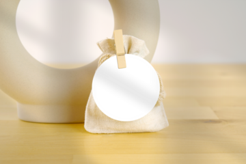 Round favor gift tag, thank you card, mockup.  Minimalist Scandi Boho style blank card mockup, with nordic vases, placed behind on-trend shadows.