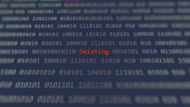Cyber attack smishing vulnerability in text binary system ascii art style, code on editor screen.