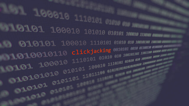 Cyber attack clickjacking vulnerability in text binary system ascii art style, code on editor screen.