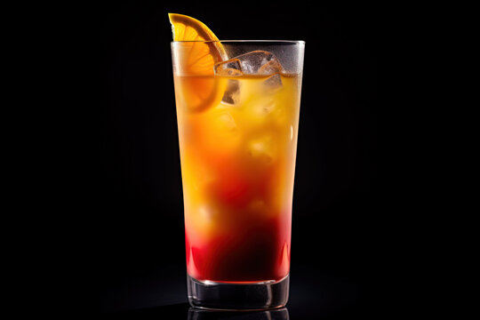 Tequila sunrise cocktail garnished with an orange slice and maraschino cherries. Generative AI.