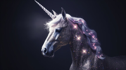 Fototapeta na wymiar Majestic and Magical Unicorn Covered in Luminescent Glitter with Dramatic Background and Studio Lighting - Generative AI