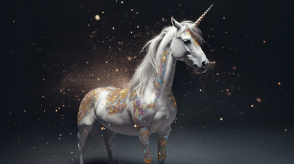 Naklejka na ściany i meble Majestic and Magical Unicorn Covered in Luminescent Glitter with Dramatic Background and Studio Lighting - Generative AI
