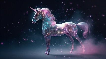 Majestic and Magical Unicorn Covered in Luminescent Glitter with Dramatic Background and Studio Lighting - Generative AI