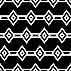 Repeated white rhombuses and lines on black background. Chains wallpaper. Seamless surface pattern design with diamonds and stripes. Grid motif. Digital paper for page fills, web designing. Vector art