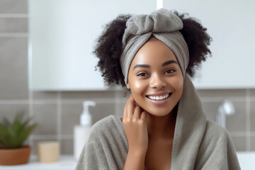 Smiling black woman applying makeup in bathroom