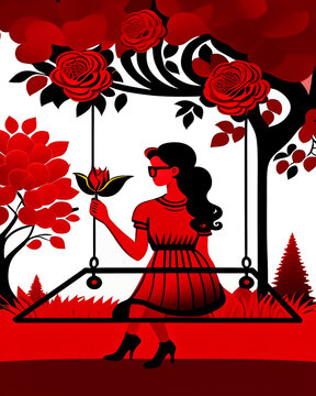 A GIRL WEARING GLASSES, SITTING ON A SCALE, HOLDING A RED ROSE BUD, IN A PARK, VINTAGE STYLE VECTOR IMAGE (2).