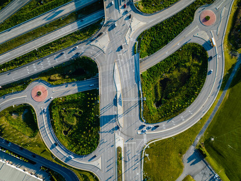 Aerial, drone, afternoon photo of a diverging diamond interchange (DDI), located in Woodbury, NY.	