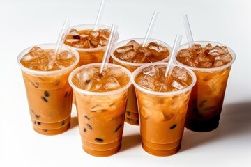 Iced coffee in plastic cups with straw isolated Cinematic Editorial Food Photography