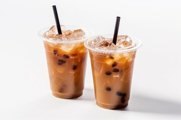 Iced coffee in plastic cups with straw isolated Cinematic Editorial Food Photography
