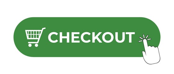 Checkout green button with hand cursor. Pointer hand button clicking. Isolated button click. Online shopping. Isolated on a white background.