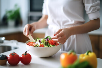 Obraz na płótnie Canvas Woman preparing healthy salad in kitchen. Created with AI