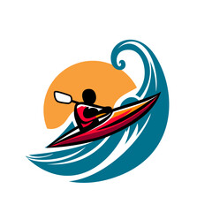 Kayak Watersports paddling on sea waves vector logo template clip art vector illustration