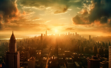 Sunrise over New York City. Generative Ai Illustration.