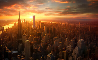 Sunrise over New York City. Generative Ai Illustration. © Saulo Studio