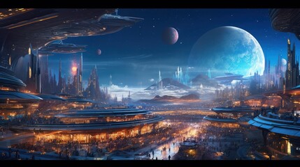 Massive space station orbiting a distant planet or a futuristic spaceport bustling with intergalactic travelers and traders