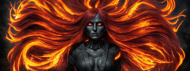 Woman with flaming flying red hair and fiery eyes in leather clothes on a dark background. Illustration with a frightening girl with black skin and burning hairstyle. Generative AI