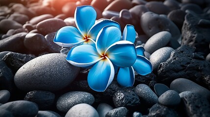 Blue plumeria flowers on stones, close up, wallpaper, colourful - Generative AI