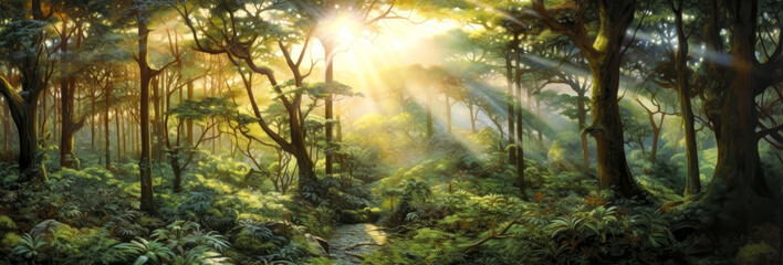 Sun God rays light shining on trees. Generative Ai Illustration.
