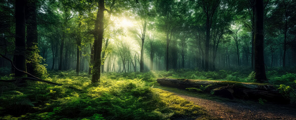 Fototapeta na wymiar Sun God rays light shining on trees. Generative Ai Illustration. 