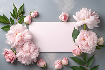 Blank greeting card mockup with garden peonies on concrete background. Summer flat lay composition with flowers. Top view with copy space. AI generated.