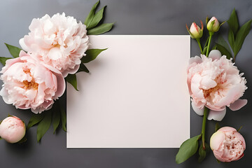 Blank greeting card mockup with garden peonies on dark concrete background. Summer flat lay composition with flowers. Top view with copy space. AI generated.