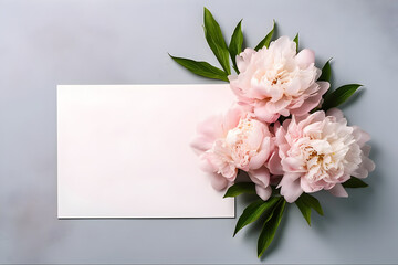 Blank greeting card mockup with garden peonies on concrete background. Summer flat lay composition with flowers. Top view with copy space. AI generated.
