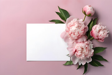 Blank greeting card mockup with garden peonies on pastel pink background. Summer flat lay composition with flowers. Top view with copy space. AI generated.