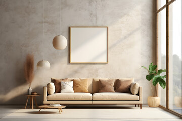 Square frame poster mockup, on light concrete wall in living interior with modern boho furniture and big window, century beige sofa, scandinavian style interior decoration. Generated AI.