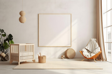 Rectangular frame poster mockup, on light concrete wall in living interior of a baby room, with modern boho furniture and with baby cot, scandinavian style interior decoration. Generated AI.