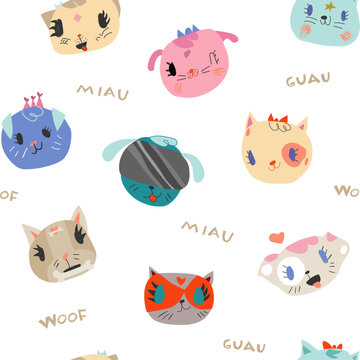 Cats and dogs happy faces funny cute pets miau guau seamless pattern white background