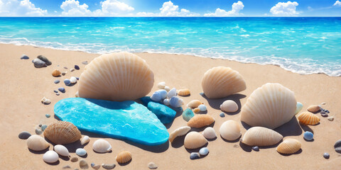 Fototapeta na wymiar Ocean beach on a sunny day with big and small shells and sea pebbles. Seascape illustration with sand beach, waves, turquoise water and sky with white clouds. Generative AI