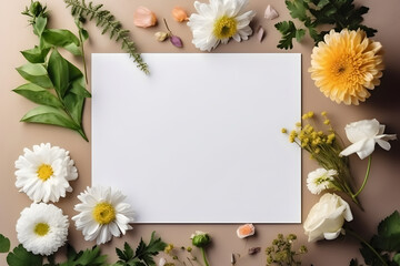 Blank greeting card mockup on concrete background with garden flowers. Summer flat lay composition. Top view with copy space. AI generated.